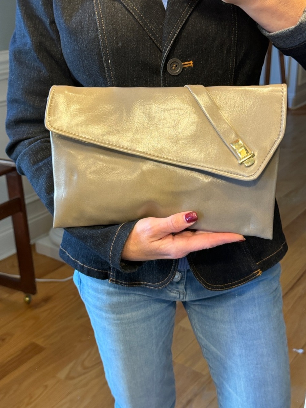 Vintage Quiet Luxury Faux Leather Envelope Clutch Shoulder‎ Bag Taupe (VGUC)